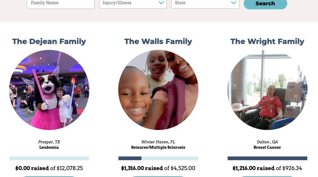 Screenshot of the Help Me Bounce "Find a Family" page, demonstrating donation progress bars and a filterable search.